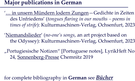 Major publications in German ‘… in unsern Mündern lodern Zungen—Gedichte in Zeiten des Unfriedens‘ (tongues flaring in our mouths – poems in times of strife): Kulturmaschinen-Verlag, Ochsenfurt, 2023 ‘Niemandslieder‘ (no-one’s songs, an art project based onthe Odyssey): Kulturmaschinen-Verlag, Ochsenfurt, 2023 „Portugiesische Notizen“ [Portuguese notes], LyrikHeft No 24, Sonnenberg-Presse Chemnitz 2019  for complete bibliography in German see Bücher